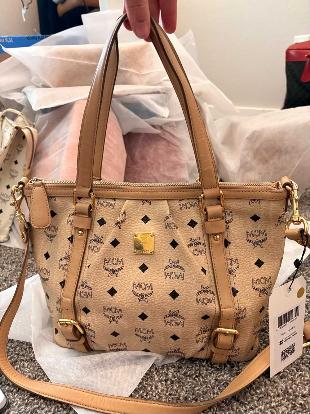 MCM Beige Visetos Monogram Shoulder Bag with Gold Hardware